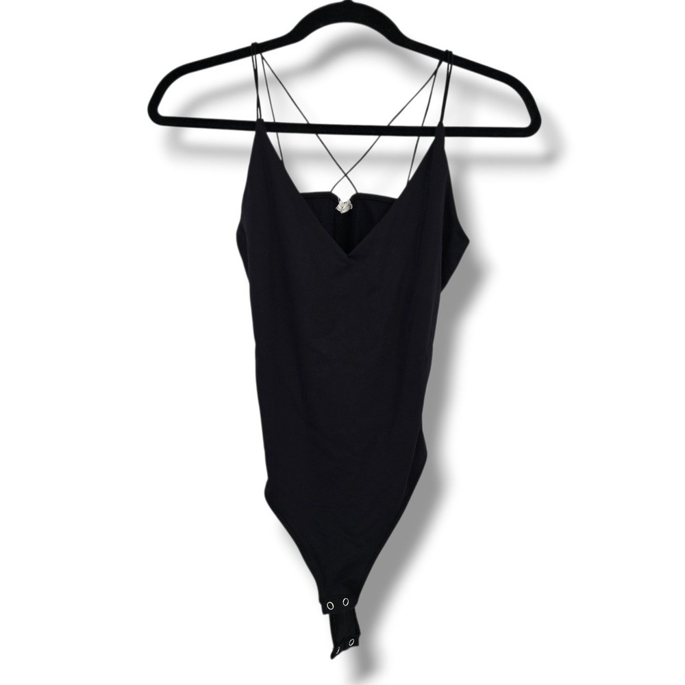Garage Womens Black Strappy V-Neck Bodysuit Size Small Snap Closure